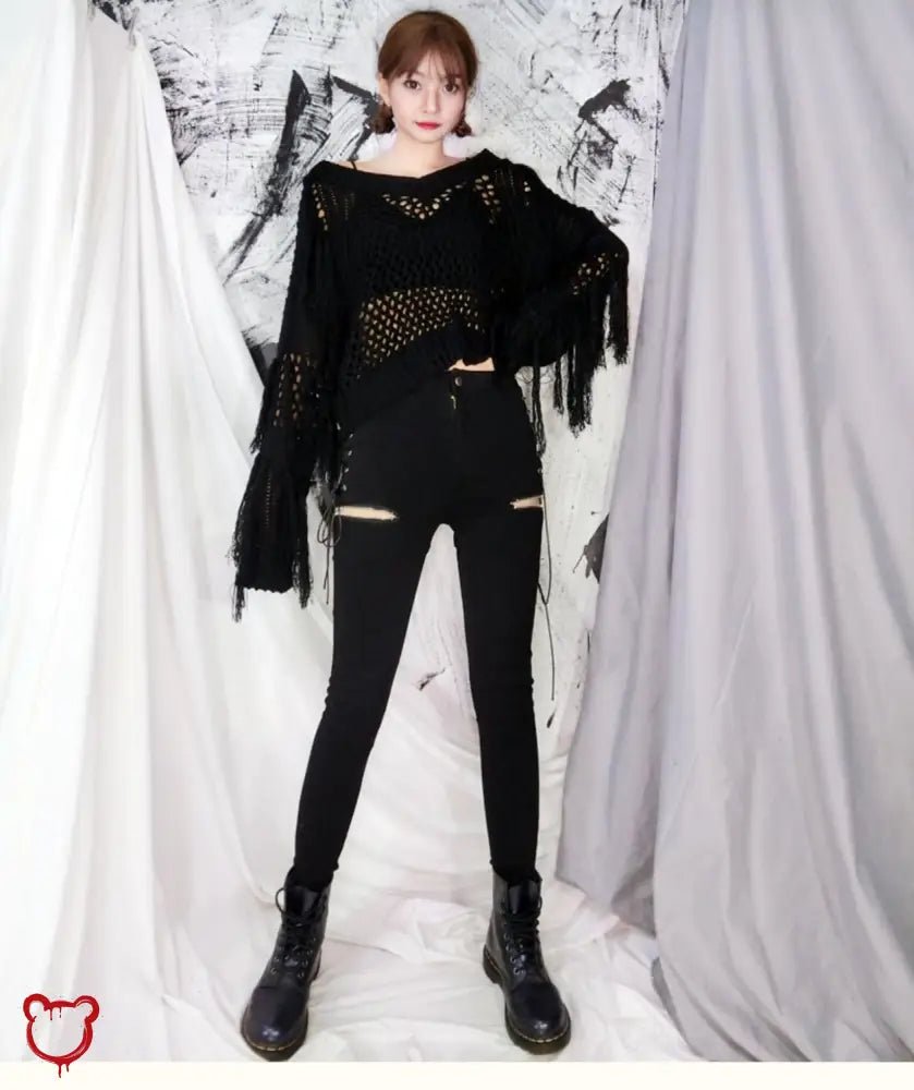 Black Ripped V - Neck Sweater - The Cursed Closet