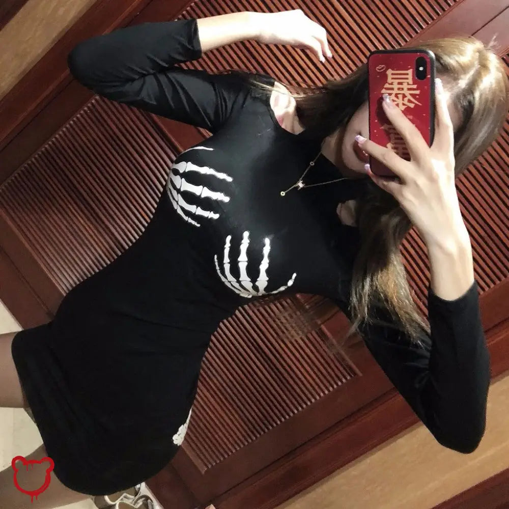 Black Skeleton Dress: Cold Shoulder S Clothing