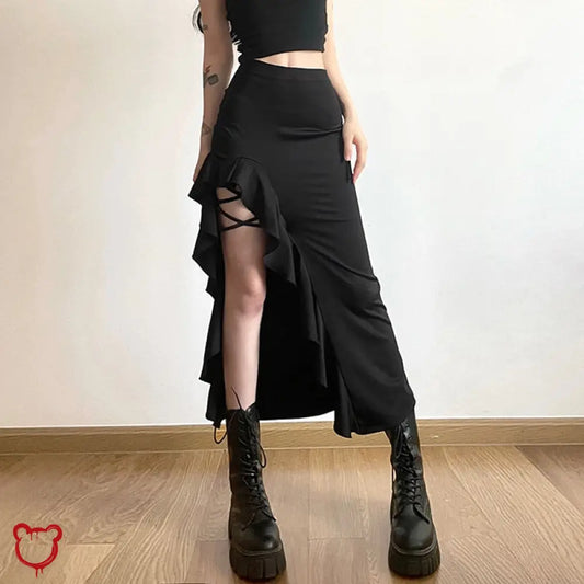 Black Split Ruffle Skirt Clothing