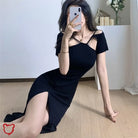 Black Split Shoulder Dress / S Clothing