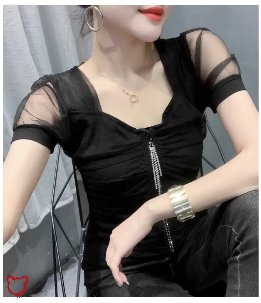 Blazing' Mesh - Sleeved Black Alt Top - The Cursed Closet