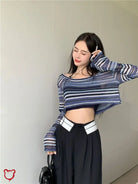 Blue Cropped Knit Top Clothing