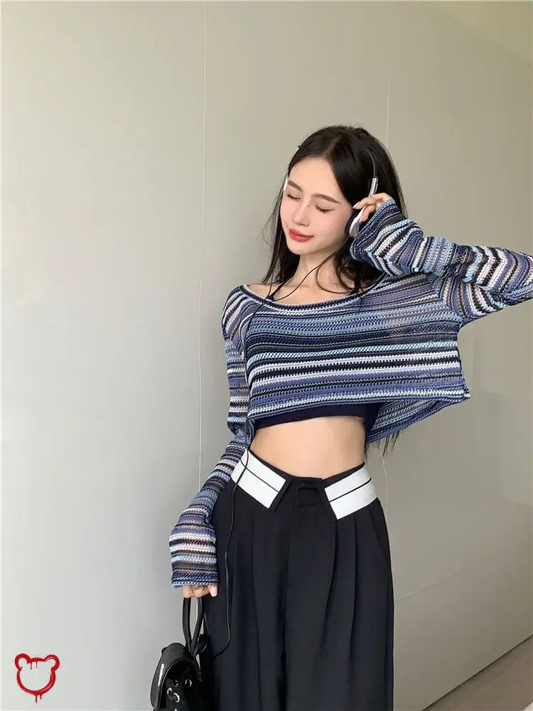 Blue Cropped Knit Top Clothing