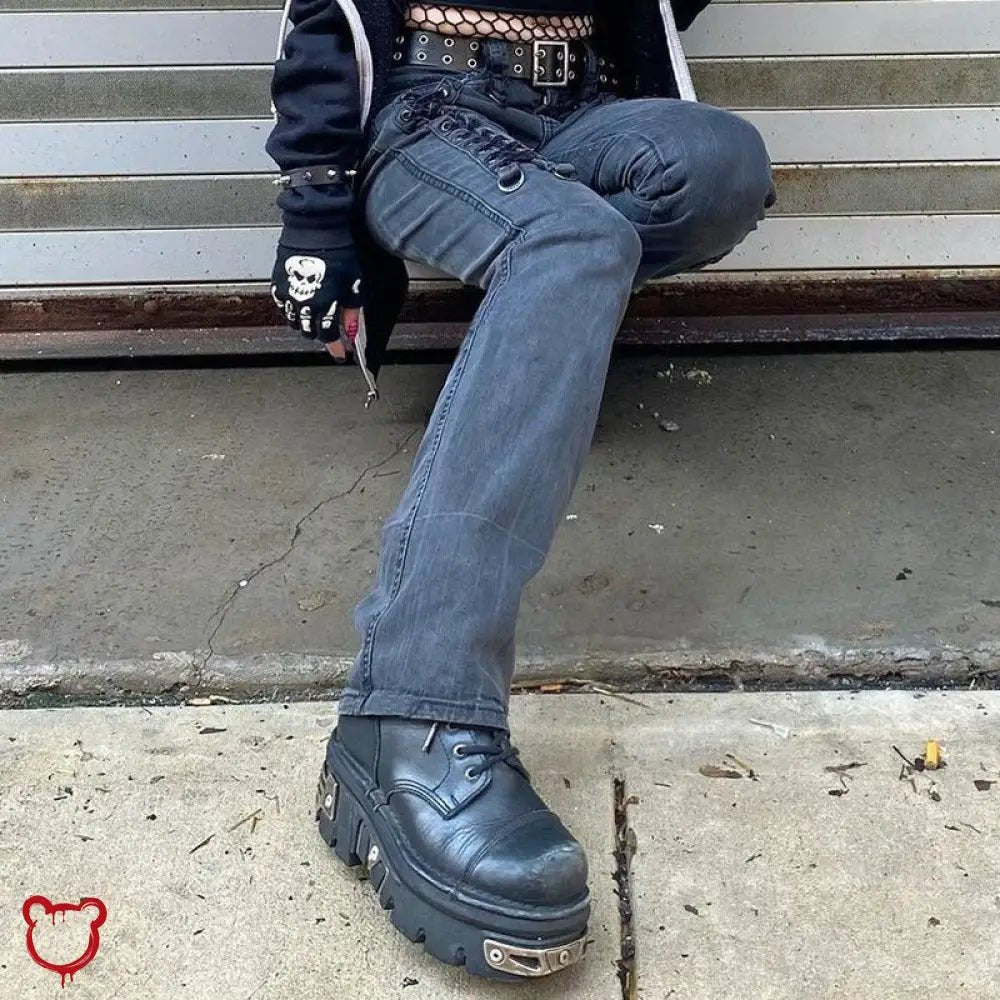 Blue lace - up denim alternative jeans - The Cursed Closet