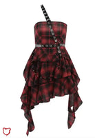 Burgundy Plaid Punk Dress Red+Black / S