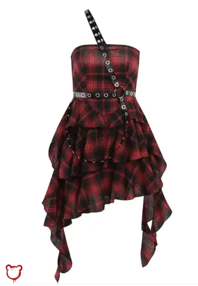 Burgundy Plaid Punk Dress Red+Black / S