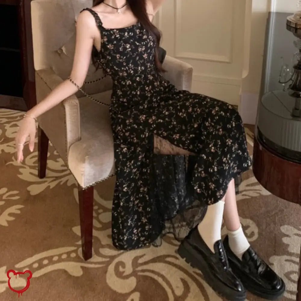 Crazytown' Floral Split Dress (Black) - The Cursed Closet