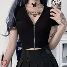 Crimson Goth Zipper V-Neck Top Short Sleeve Black / S Clothing