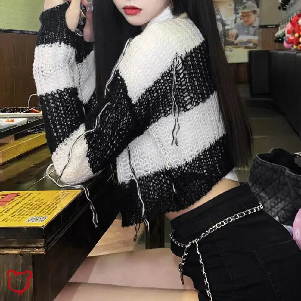 Crypt Striped Cropped Goth Sweater Clothing