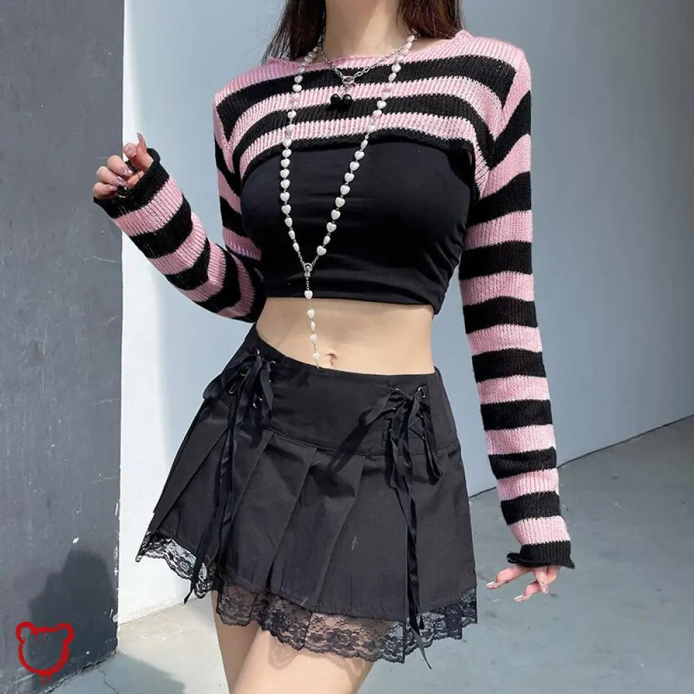 Cute Pink And Black Knit Top Clothing