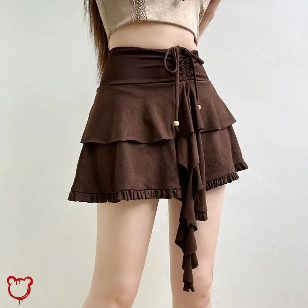 Earthy Brown Tie Mini Skirt Clothing