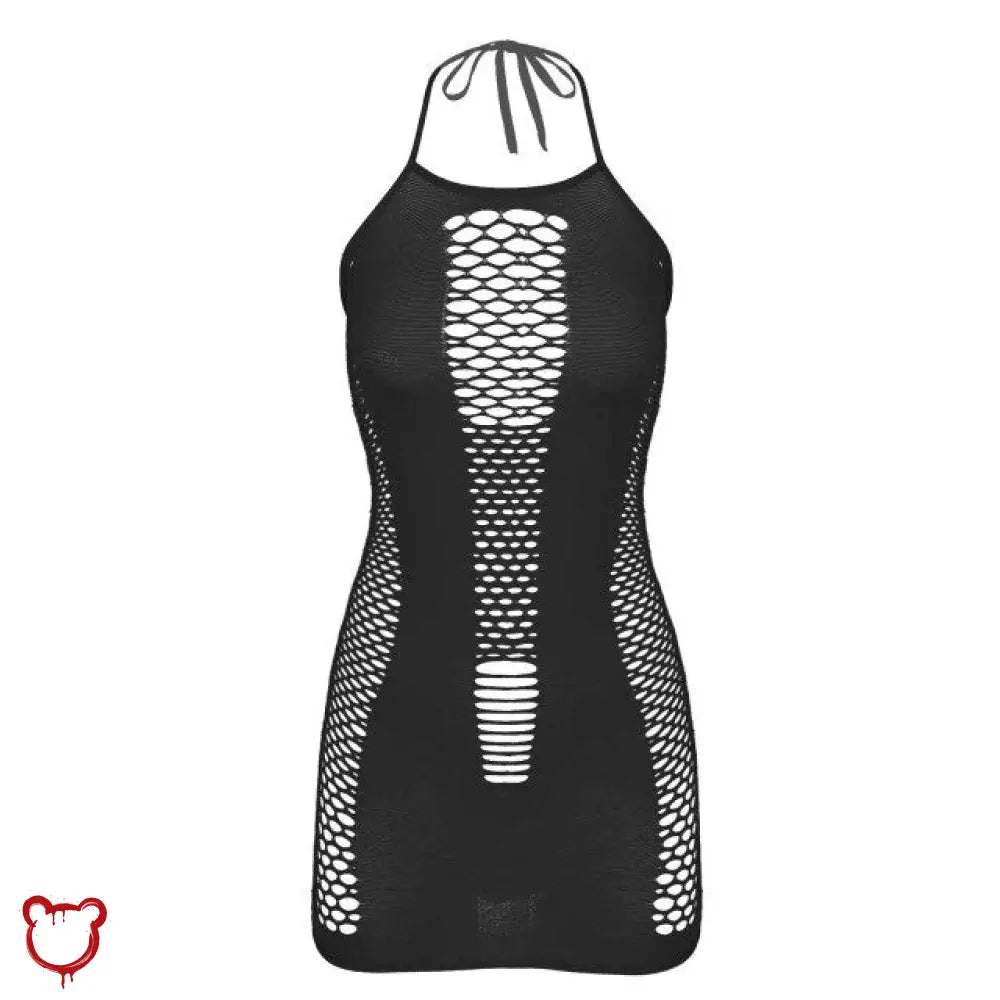 The Cursed Closet 'Night Owl' Black fishnet halterneck bodycon dress at $19.99 USD