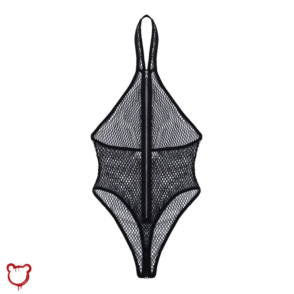 Alternative Goth 'Bad Girl' Black Fishnet Lace Up Black Bodysuit