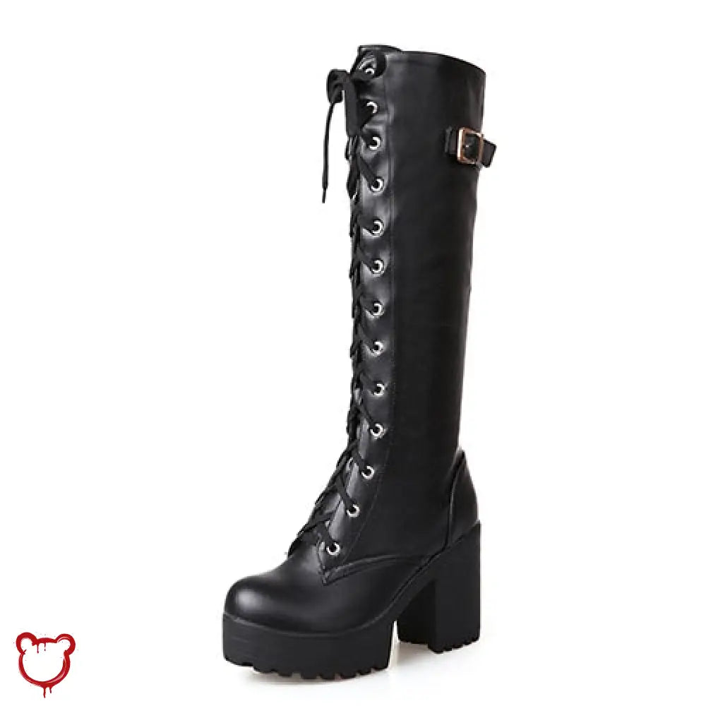 The Cursed Closet 'Long Night' Black knee high lace up boots (Larger Sizes) at $57.99 USD
