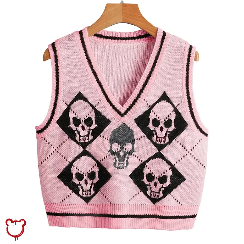 Gothic Skull Checkerboard Sweater Pink / S Clothing