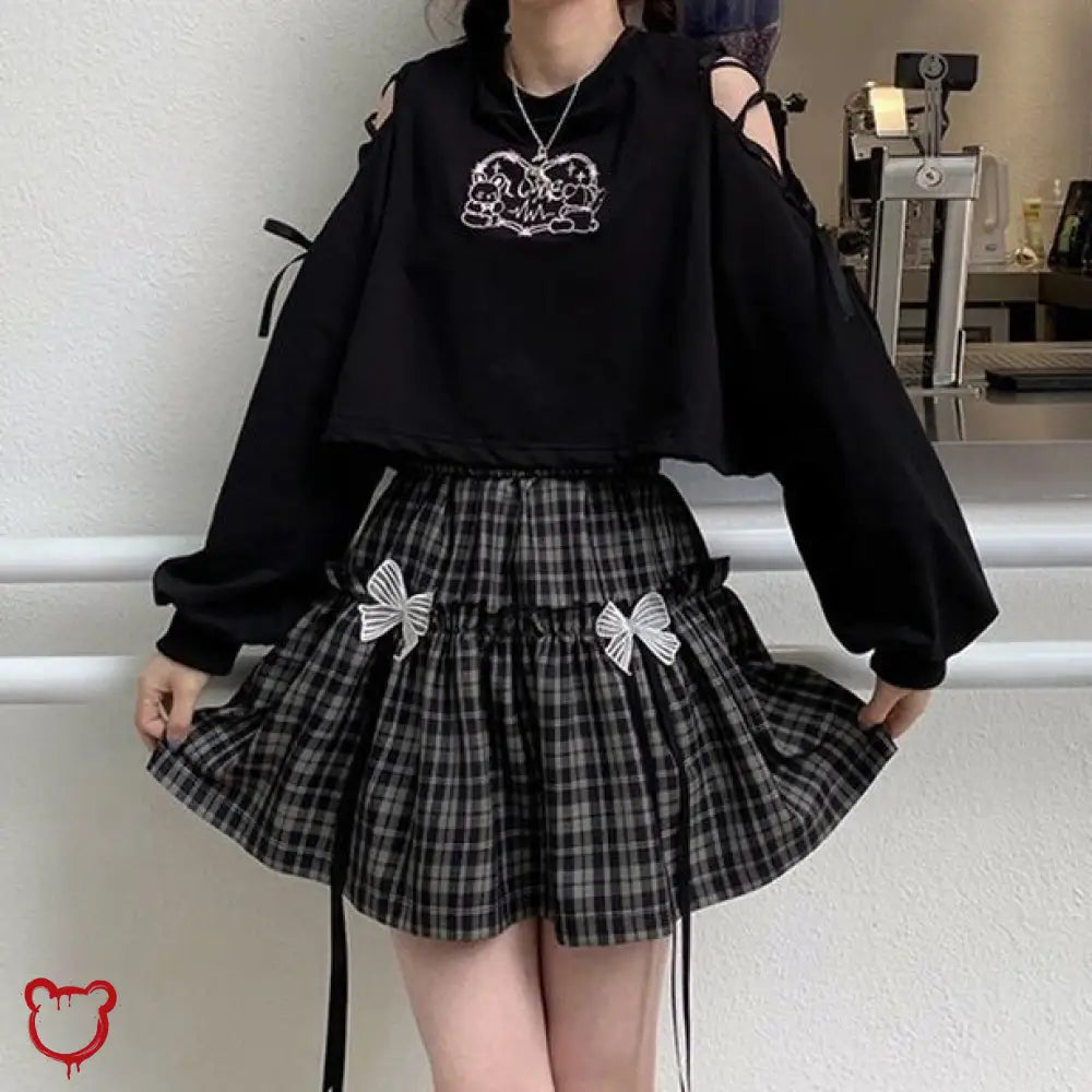 Grey Plaid Bow Skirt Black / M Clothing