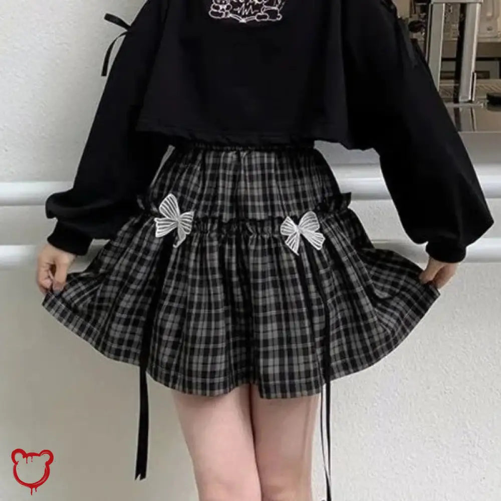 Grey Plaid Bow Skirt Black / S Clothing