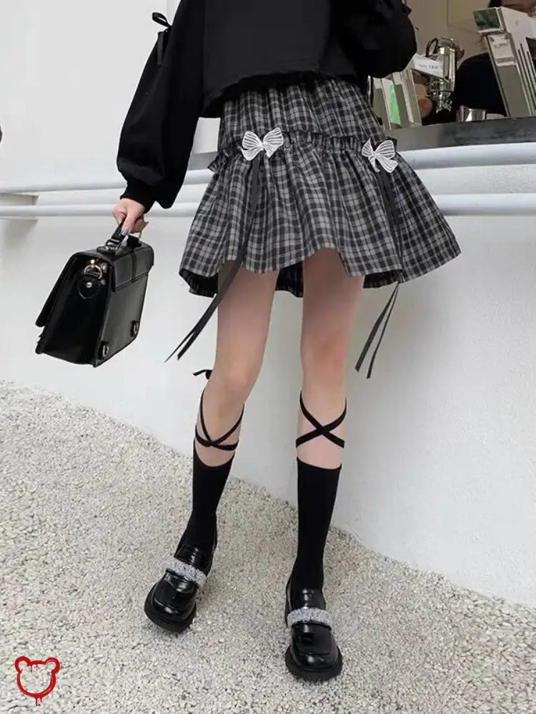 Grey Plaid Bow Skirt Clothing