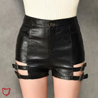 The Cursed Closet 'Hellfire' Black faux leather buckle shorts at $32.99 USD