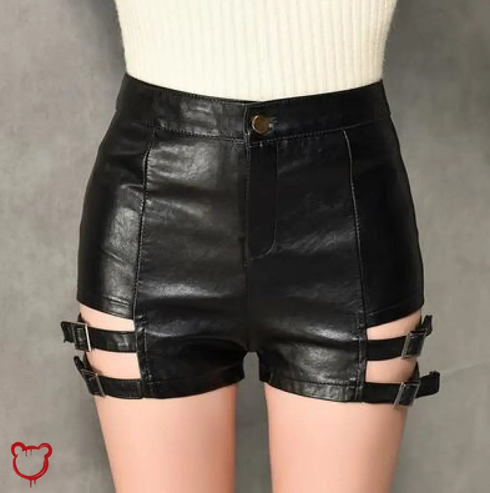 The Cursed Closet 'Hellfire' Black faux leather buckle shorts at $32.99 USD