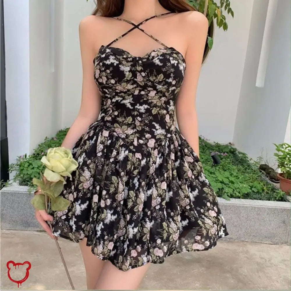 Kawaii Floral Slip Dress Black / S Clothing