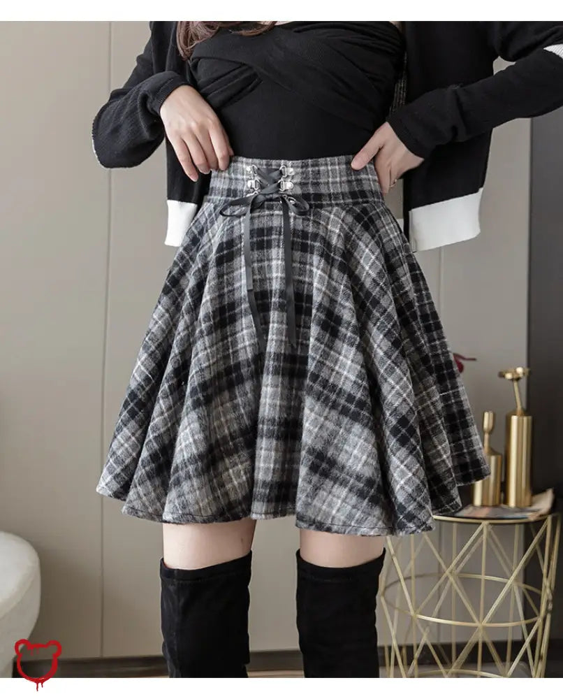 Lace-Up Plaid Skirtrunaway Style Grey / S Clothing