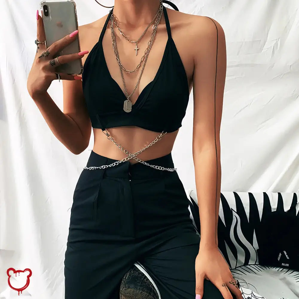 No Hesitation Black Alt Grunge Chain Crop Top / M Clothing