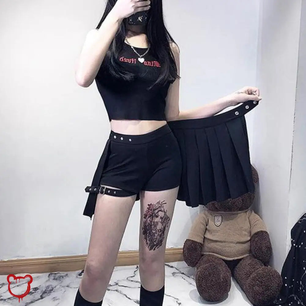 Omen Black Gothic Pleated Skirt With Shorts Clothing