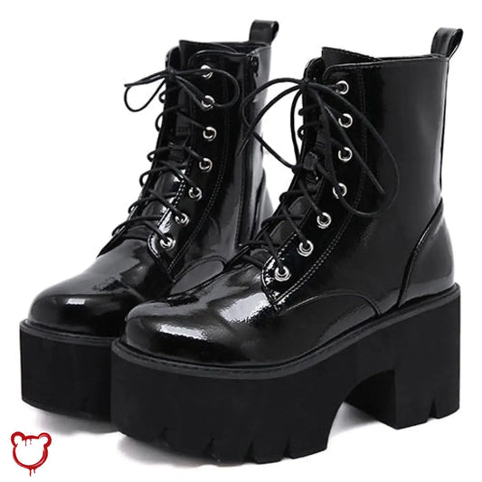 The Cursed Closet 'Omen' patent black lace up platform boots at $62.99 USD