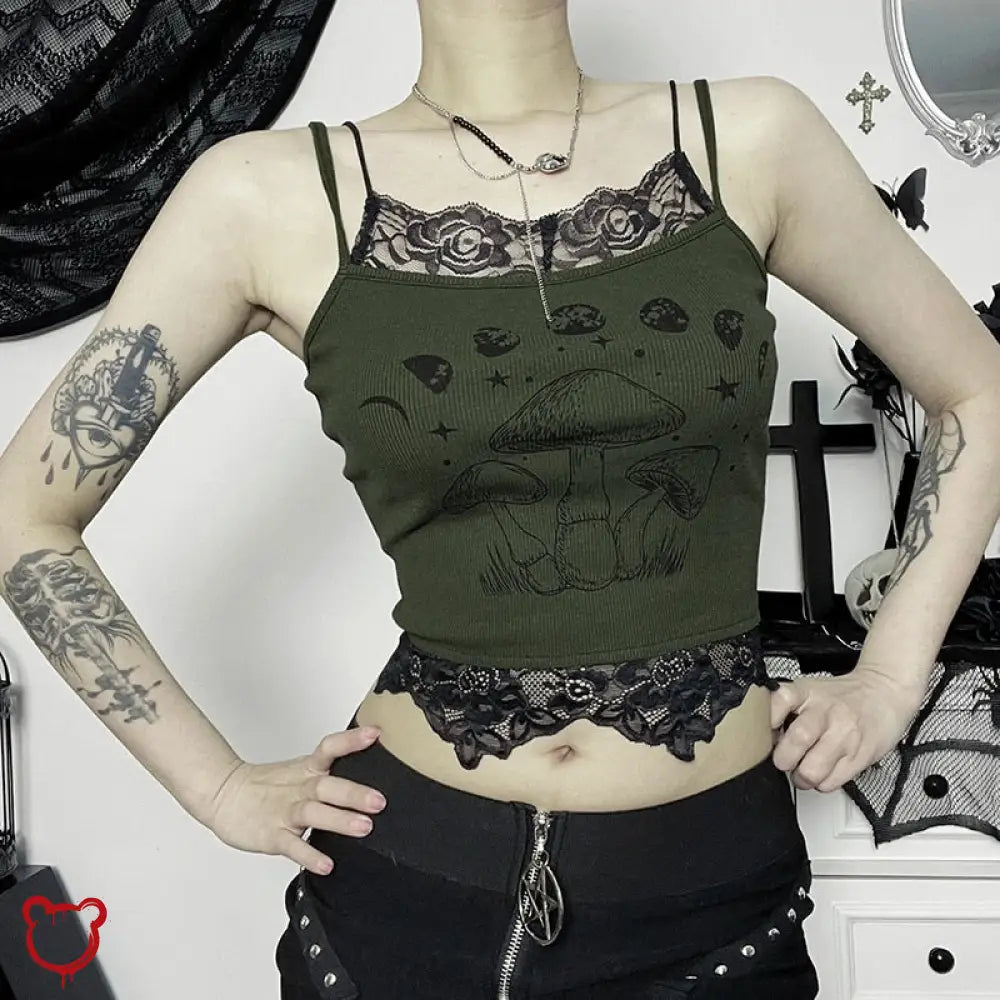 Pixies Lace Patchwork Crop Top Green / S Clothing