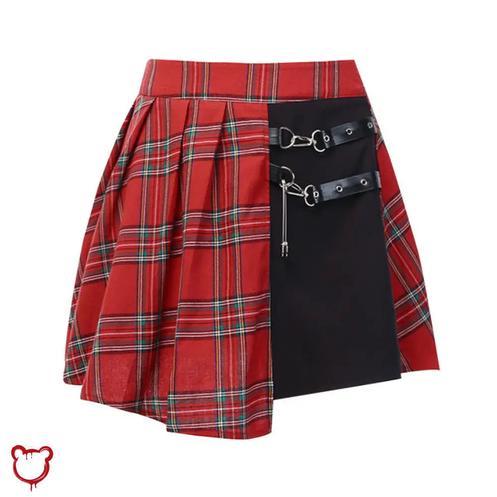 The Cursed Closet 'Fire Within' Red plaid cut out safety pin skirt at $29.99 USD