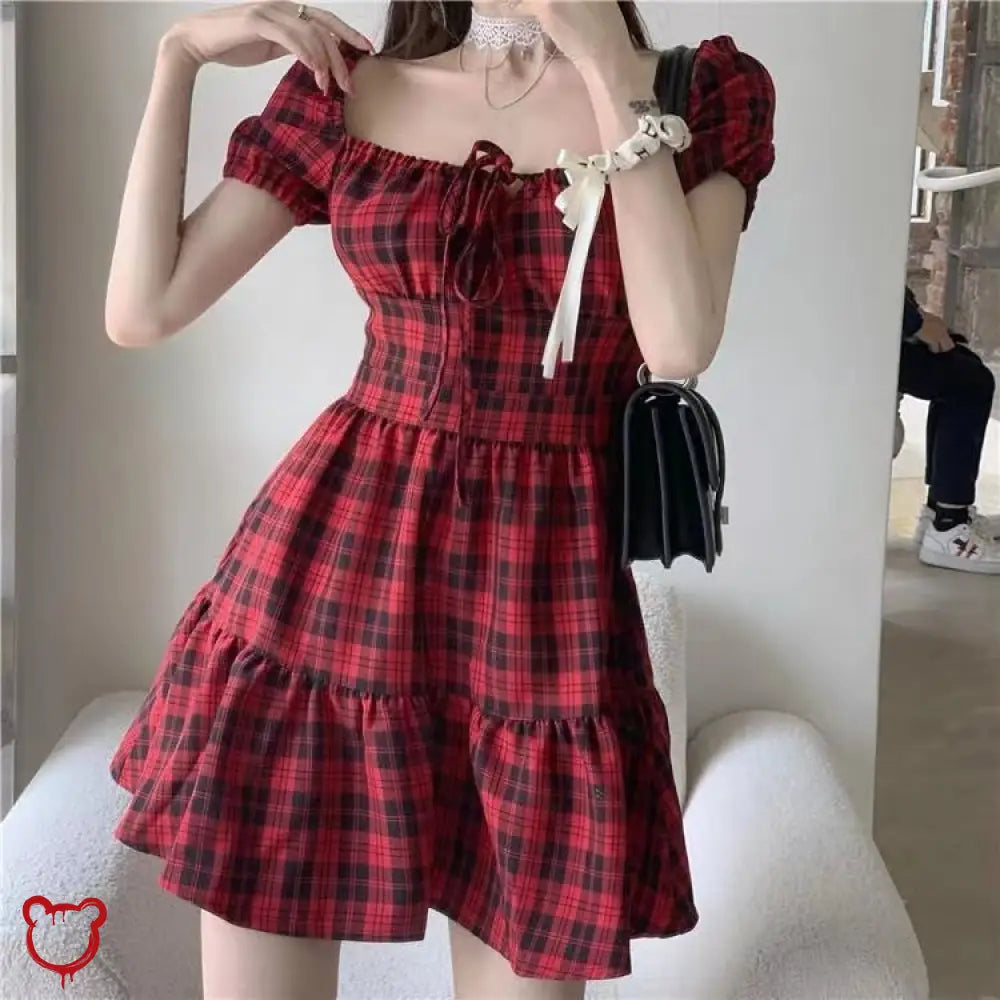 Red Plaid Grunge Dress Red / S Clothing