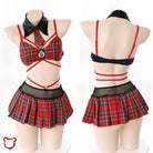 Red Plaid Skirt Set With Stockings / One Size