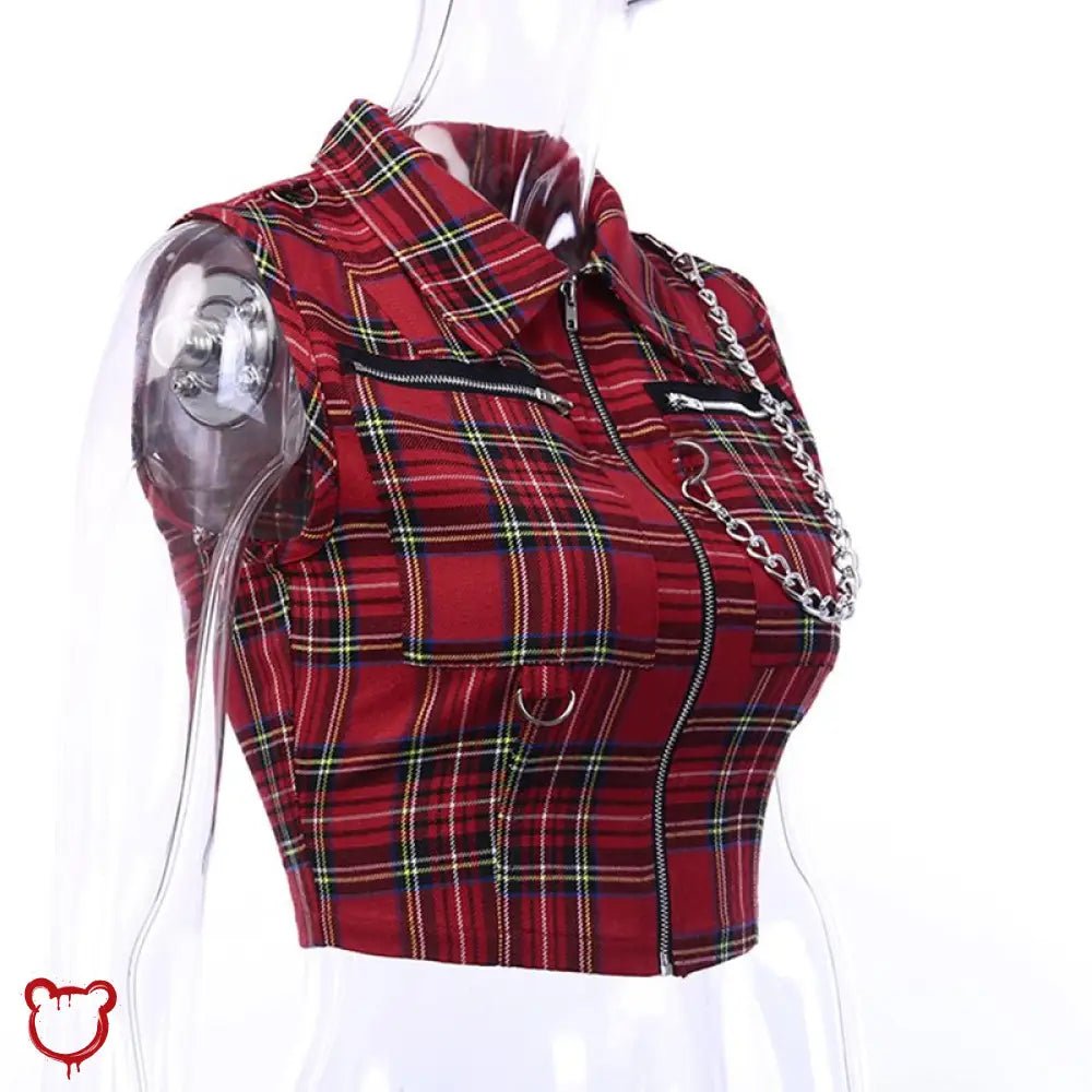 Red Plaid Zip Crop Top - The Cursed Closet