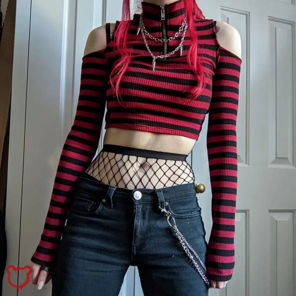 Red Stripe Cold Shoulder Top - The Cursed Closet