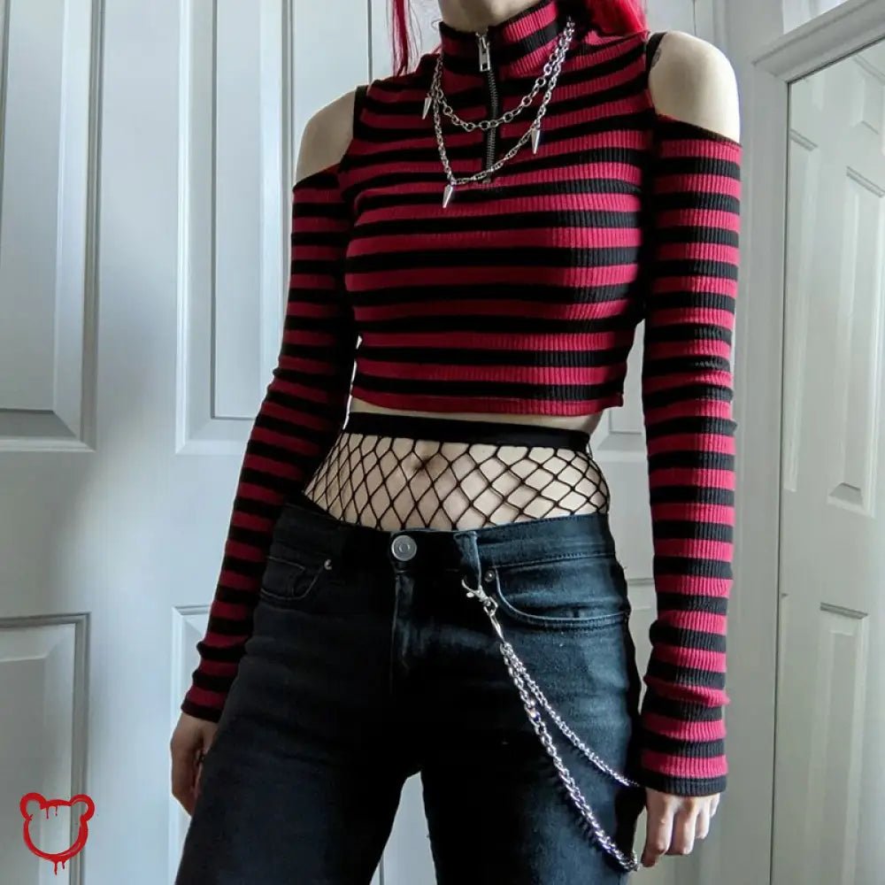 Red Stripe Cold Shoulder Top - The Cursed Closet