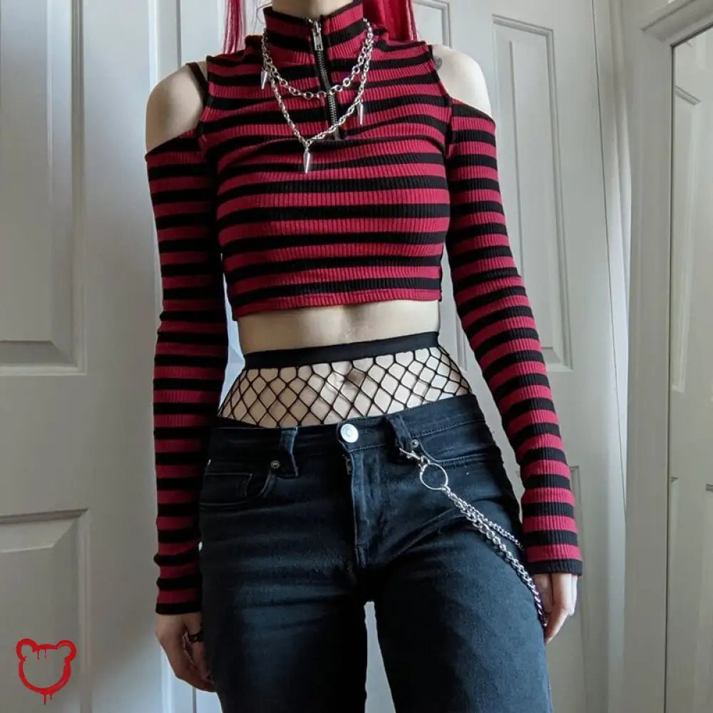 Red Stripe Cold Shoulder Top - The Cursed Closet