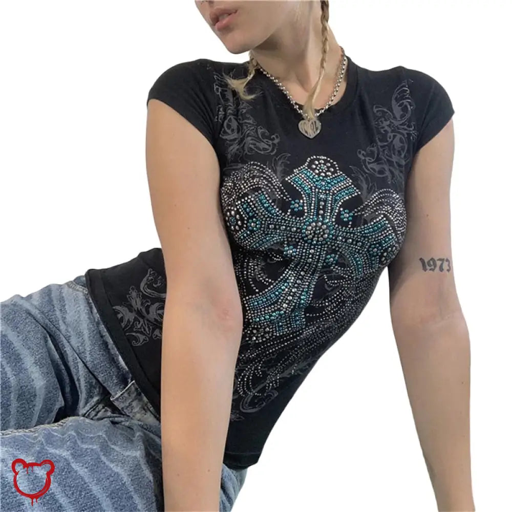 Rhinestone Cross Grunge Top Clothing