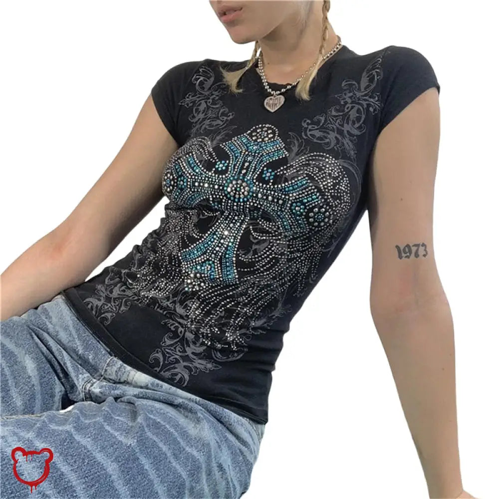 Rhinestone Cross Grunge Top Clothing