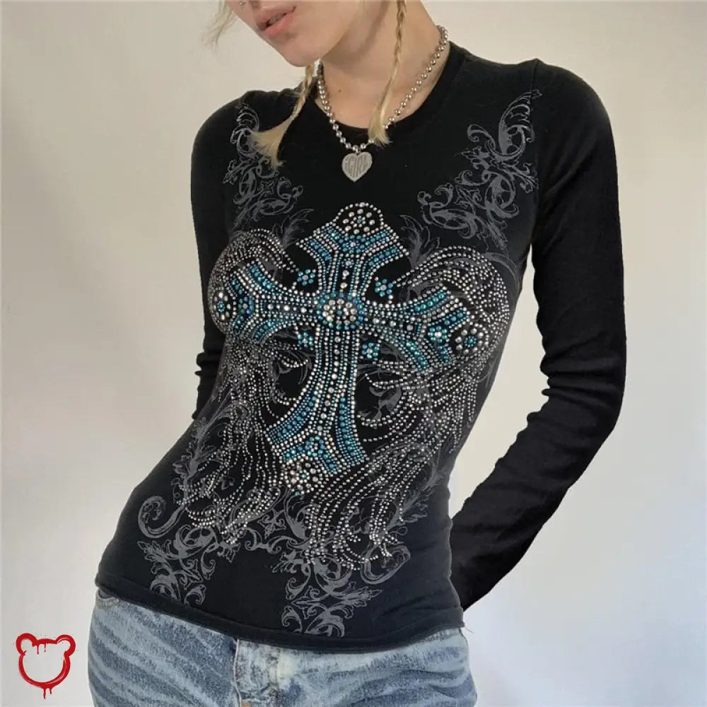 Rhinestone Cross Grunge Top Long Sleeve / S Clothing