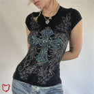 Rhinestone Cross Grunge Top Short Sleeve / S Clothing