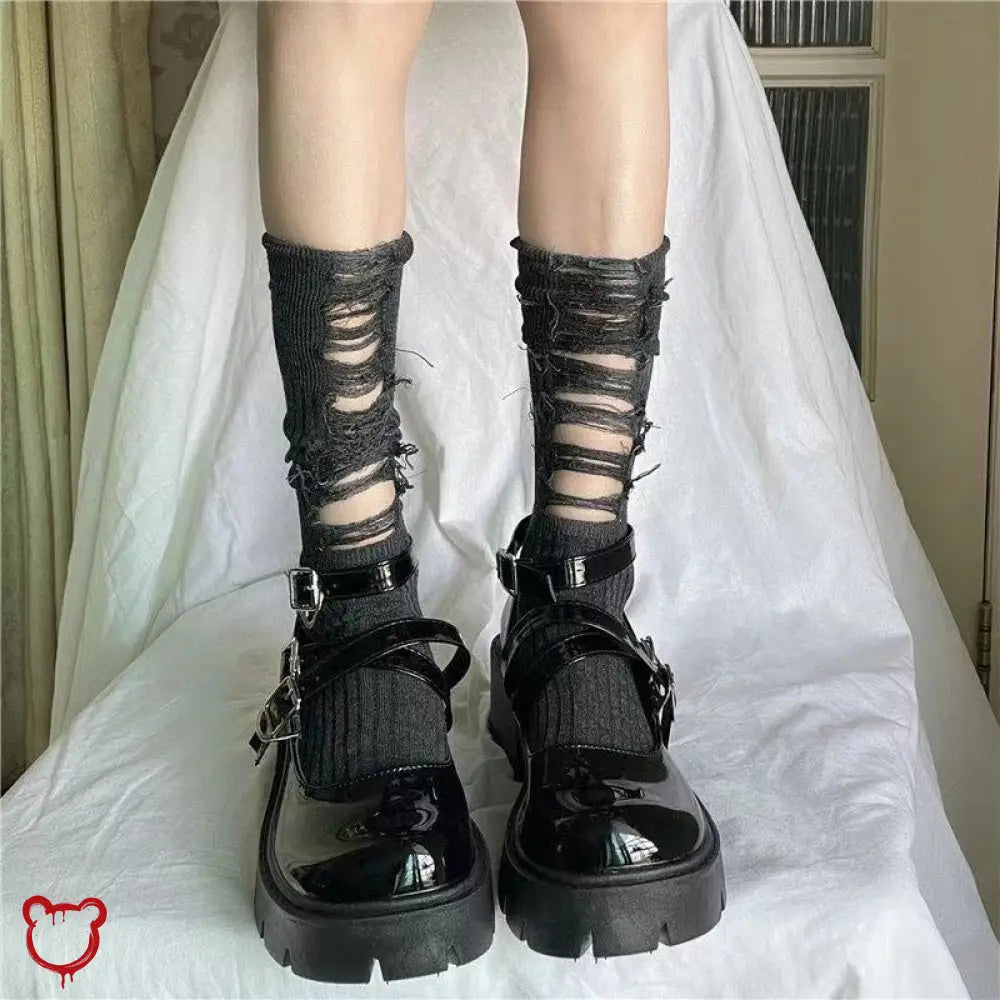 Ripped Gothic Black Knit Socks Gray / One Size Accessories