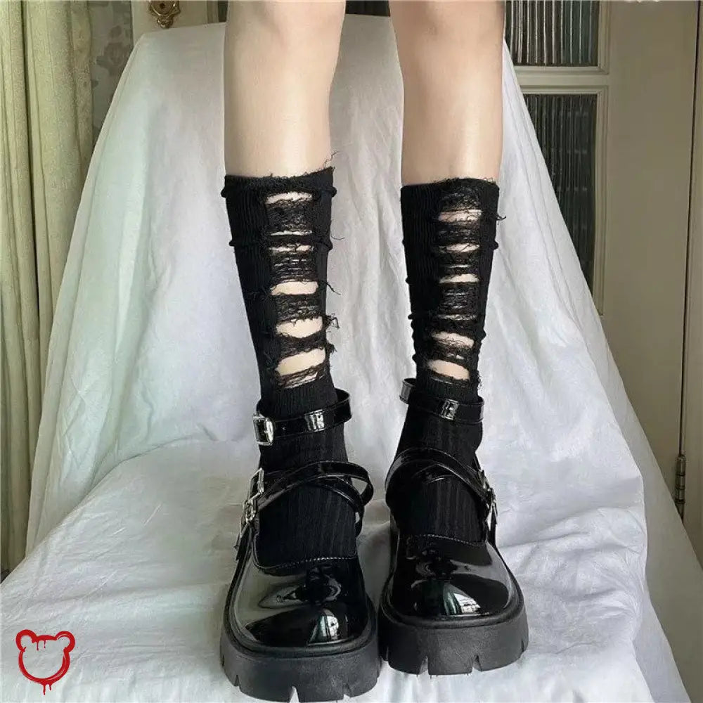 Ripped Gothic Black Knit Socks Black / One Size Accessories