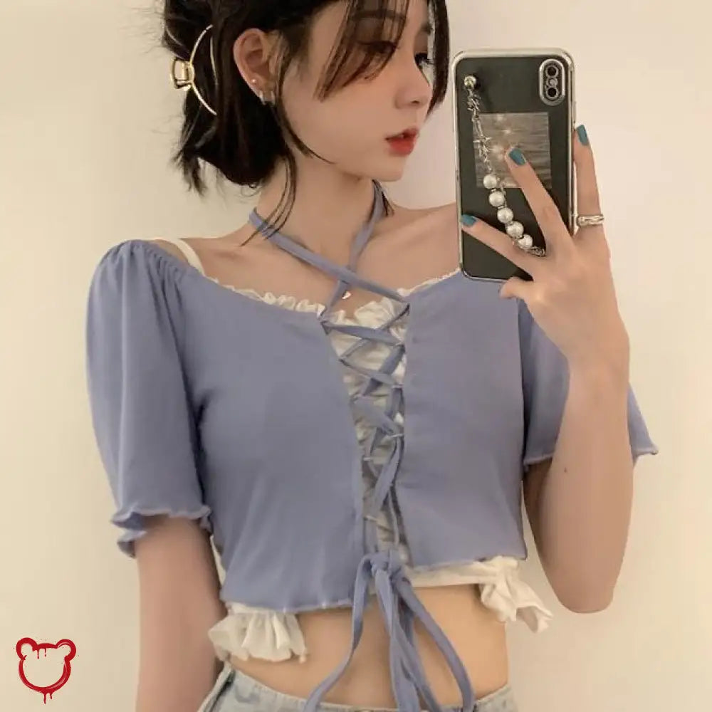 Ruffled Short Sleeve Casual Top Blue / S Clothing