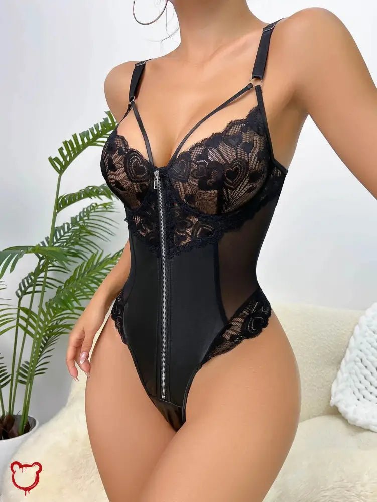 Sexy Black Lace Zipper Bodysuit - The Cursed Closet