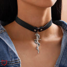 Snake Dagger Pendant Choker - Maximum 5 Words:
1. Serpent Blade Necklace
2. Coiled Choker
3. Viper