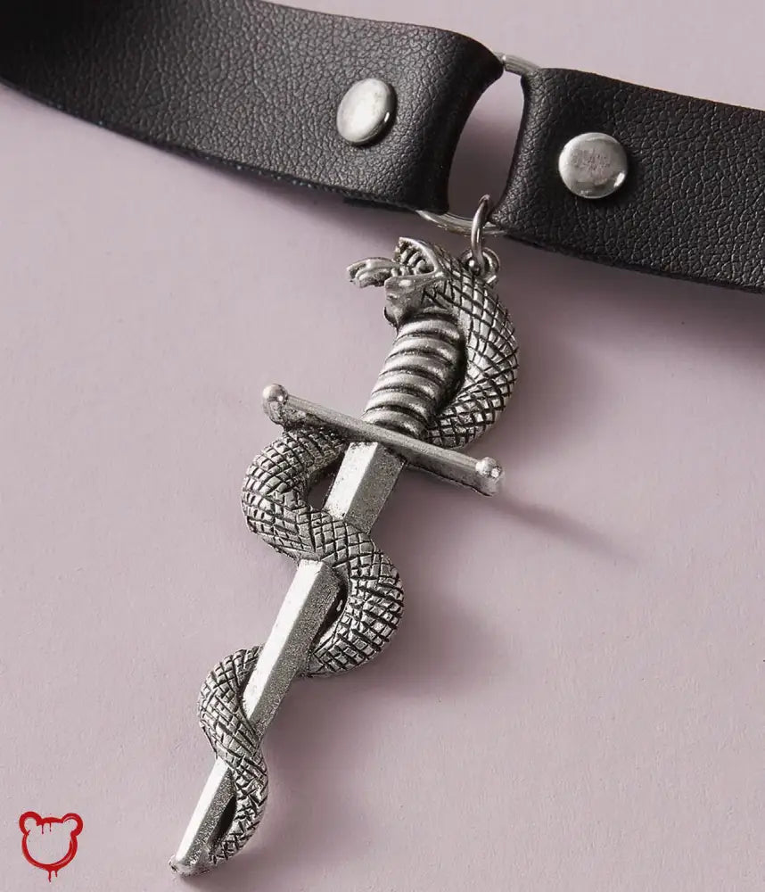 Snake Dagger Pendant Choker - Maximum 5 Words:
1. Serpent Blade Necklace
2. Coiled Choker
3. Viper