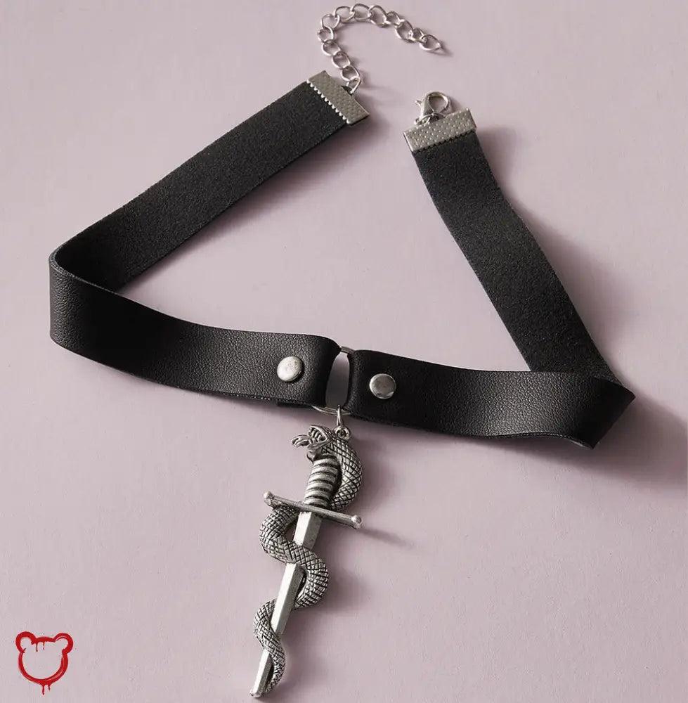 Snake Dagger Pendant Choker - Maximum 5 Words:
1. Serpent Blade Necklace
2. Coiled Choker
3. Viper