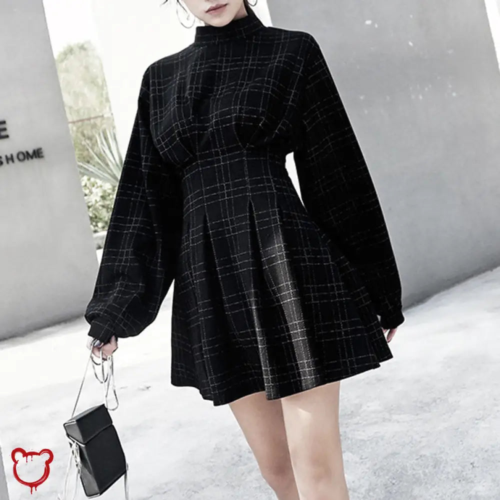 Sorrowful Plaid Puff Sleeve Dress or Black Grey Plaid Puff Dress - The Cursed Closet