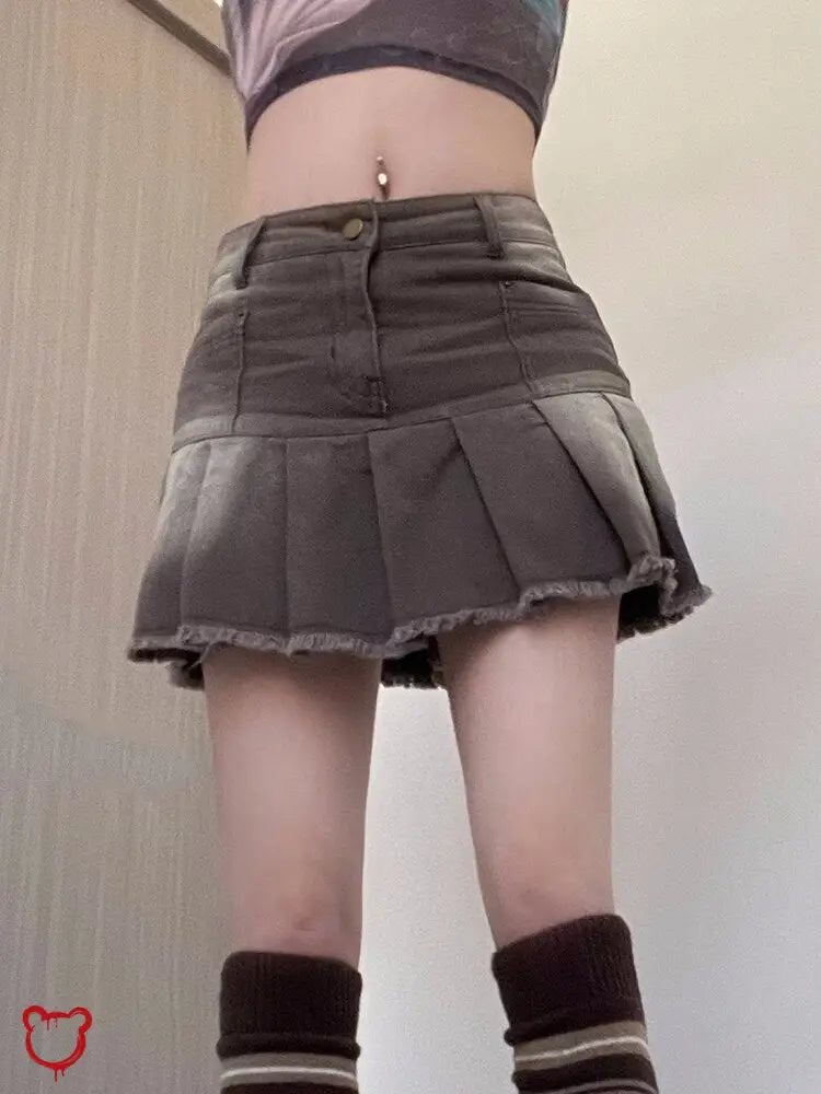 Tassel Denim Skirt: Grey/Brown, High Waist - The Cursed Closet